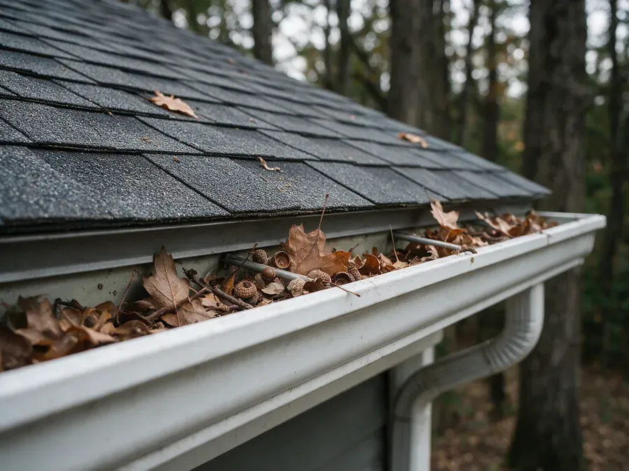 White aluminum gutter packed with oak leaves and acorn caps below the edge of an asphalt shingle roof.