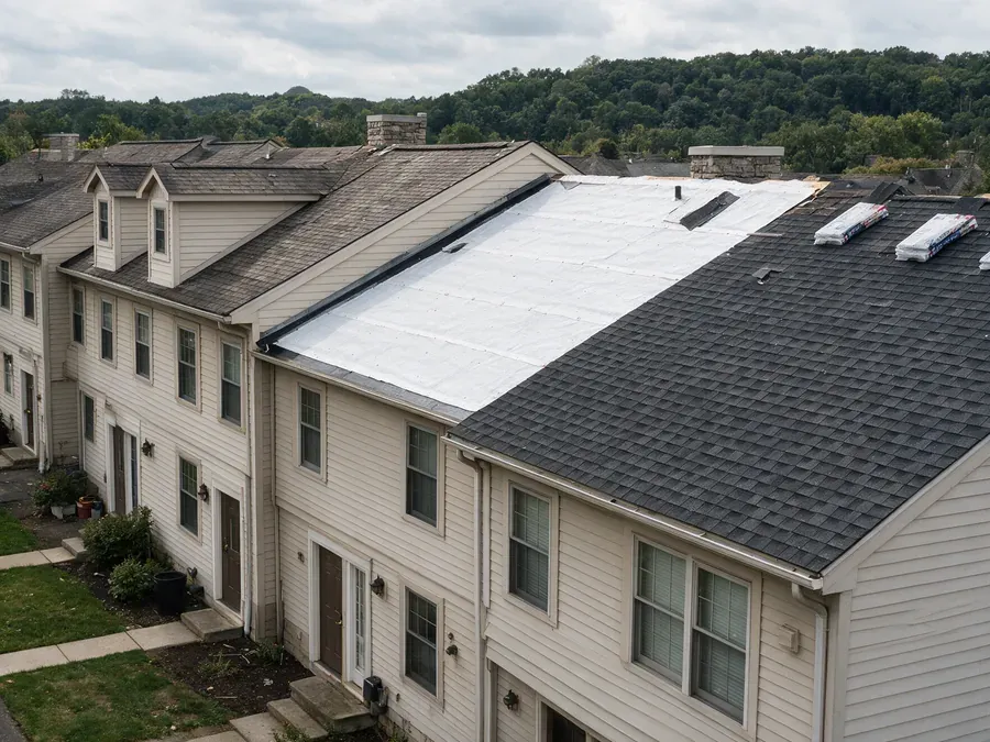 Roof replacement in progress on a row of attached townhomes, with one section in white underlayment and the next in new charcoal shingles.