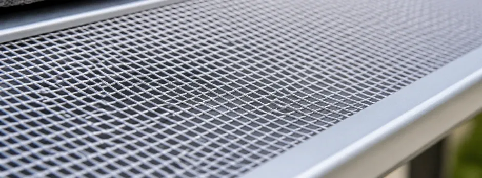 Close-up texture of a fine metal mesh gutter guard.