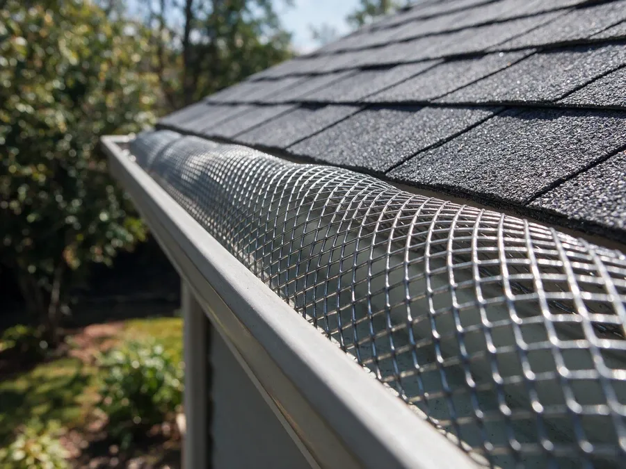 Close-up of a dome-style stainless mesh gutter guard installed along a roofline.