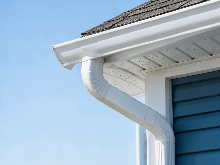 Close-up looking along a new seamless gutter trough showing correct pitch toward the downspout.