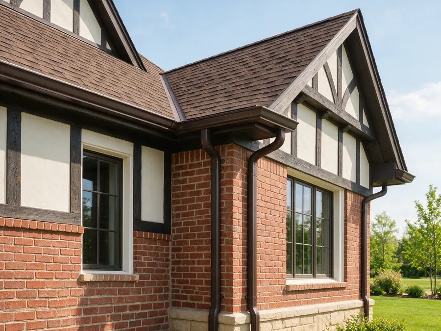 Finished Tudor style home with new dark bronze gutters cleanly integrated into the roofline.