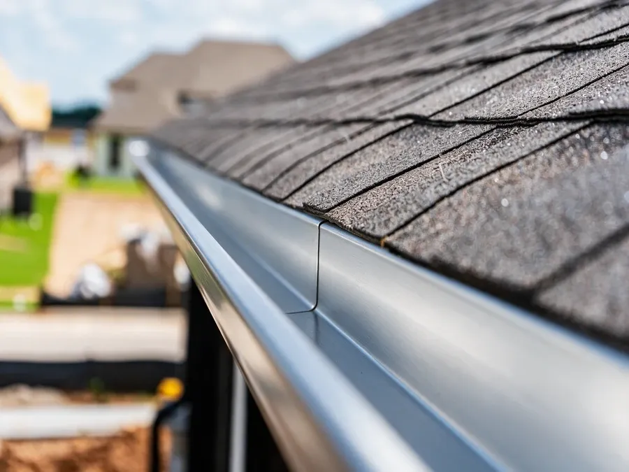 Close-up looking along a roof edge at a newly installed seamless gutter tucked beneath the shingle line.