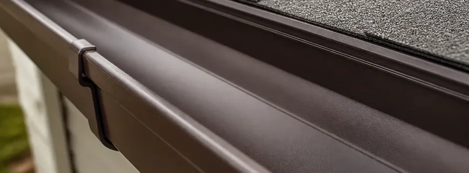 Close-up texture of a dark brown seamless aluminum gutter trough.