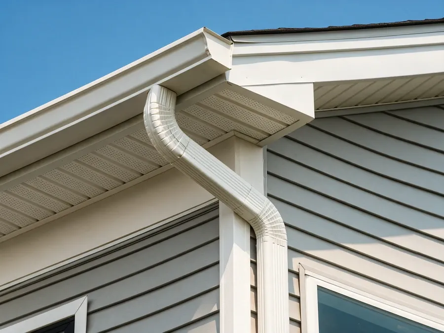 Close-up of a seamless gutter and downspout outlet installed along a roof edge.