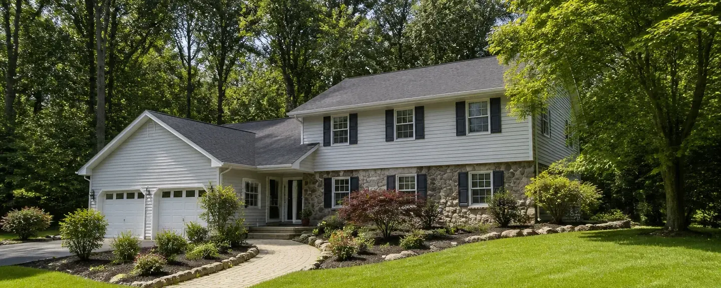 Two-story colonial with gray siding, a fieldstone lower front, black shutters, and a charcoal shingle roof, set on a sloped wooded lot with a curving paver walk and boulder-edged beds.