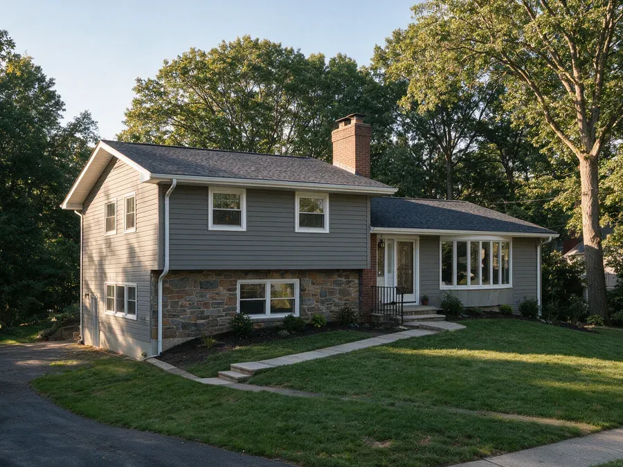 Split-level home with new gray siding, a fieldstone lower level, white windows, and a charcoal shingle roof under mature trees.