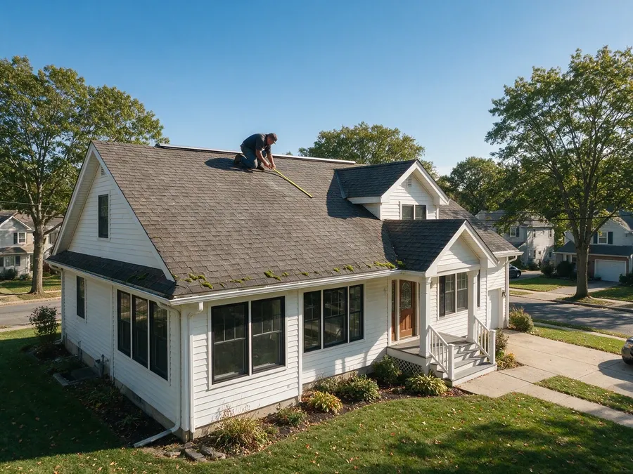 Roofer kneeling on an asphalt shingle roof measuring the existing shingle course during a re-roof eligibility inspection.