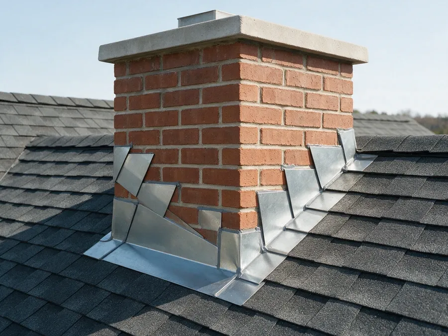 Correctly installed step flashing and counter-flashing around a brick chimney.