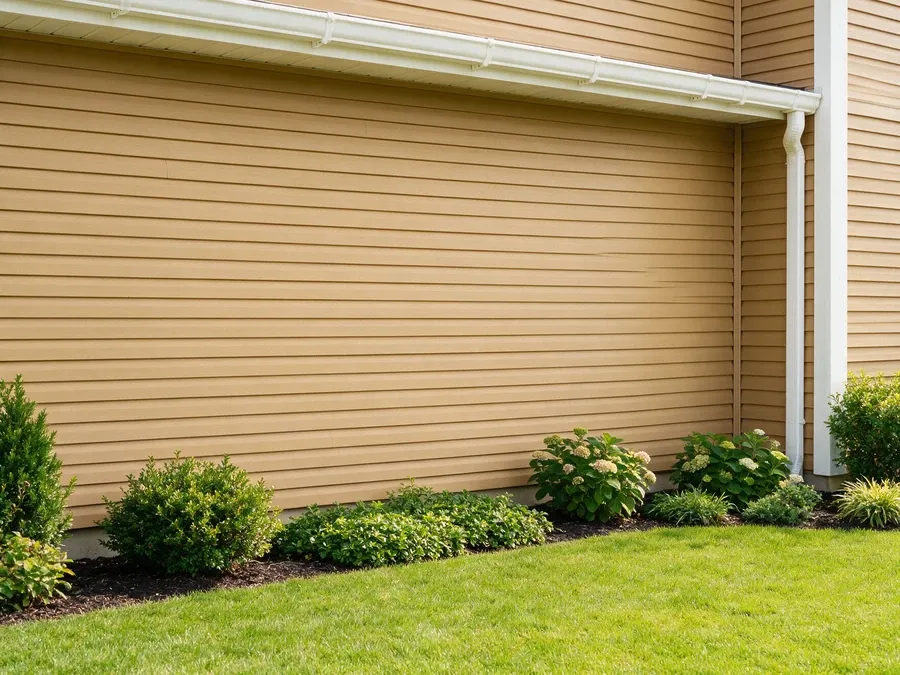 Well-maintained tan siding wall with clean gutters and trimmed landscaping.