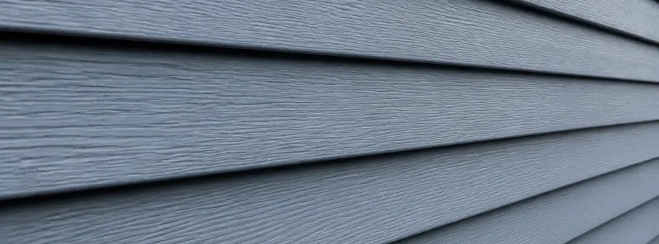 Close-up texture of blue-gray vinyl lap siding.