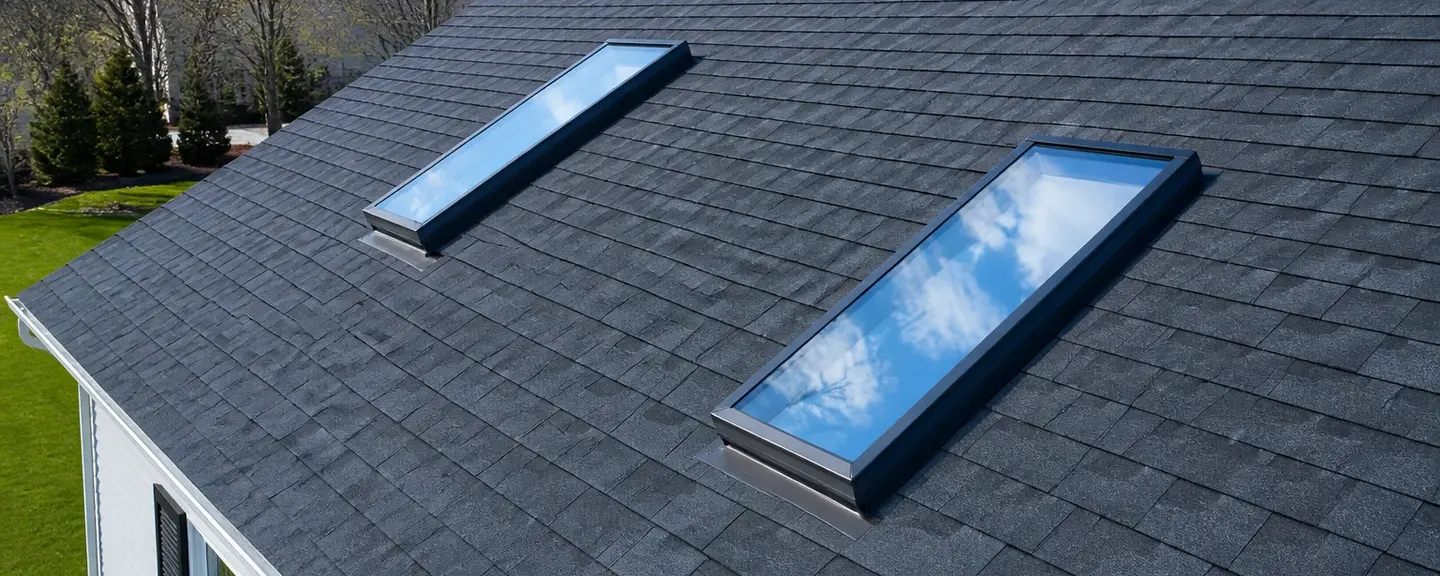 Aerial view of two skylights integrated into a dark gray architectural asphalt shingle roof.