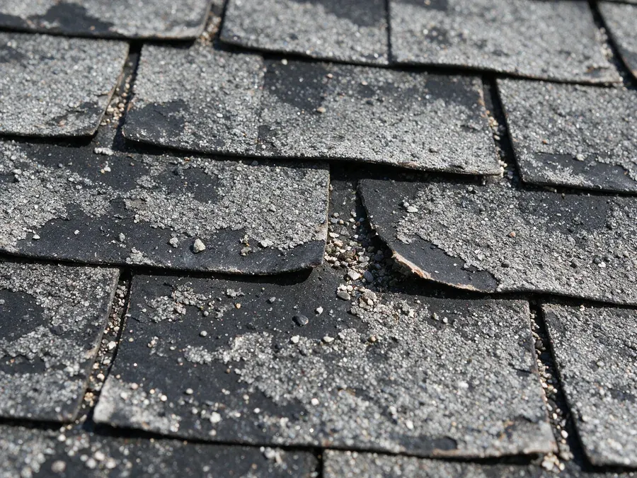 Close-up of worn asphalt shingles with heavy granule loss and curled tab edges.