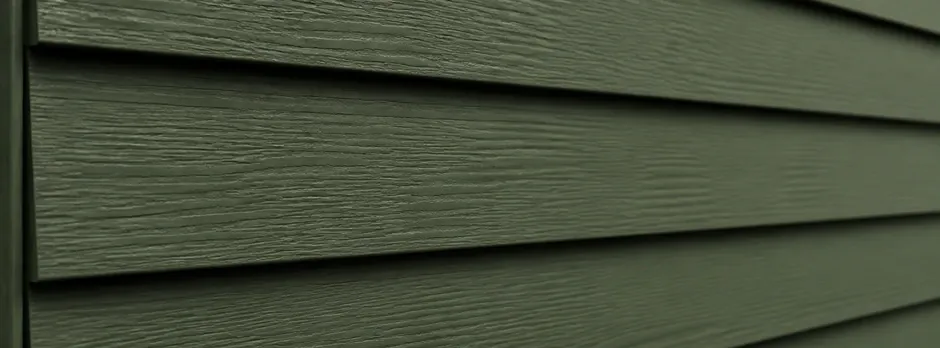 Close-up texture of dark green vinyl lap siding.