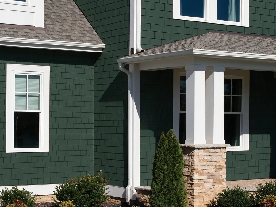 Finished dark green craftsman style home with new vinyl siding and white trim.