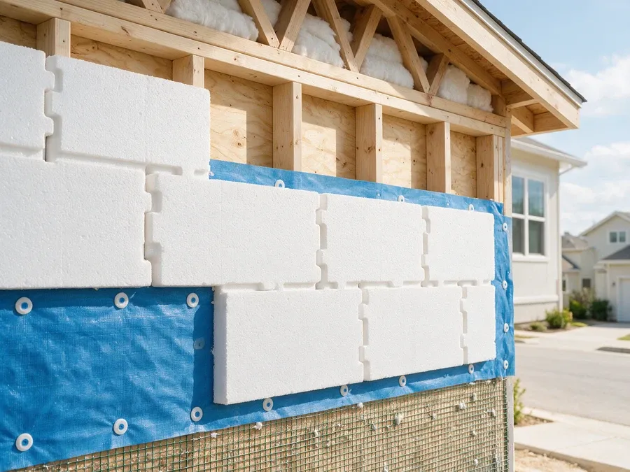 Close-up of rigid foam insulation board installed over house wrap during a siding replacement.