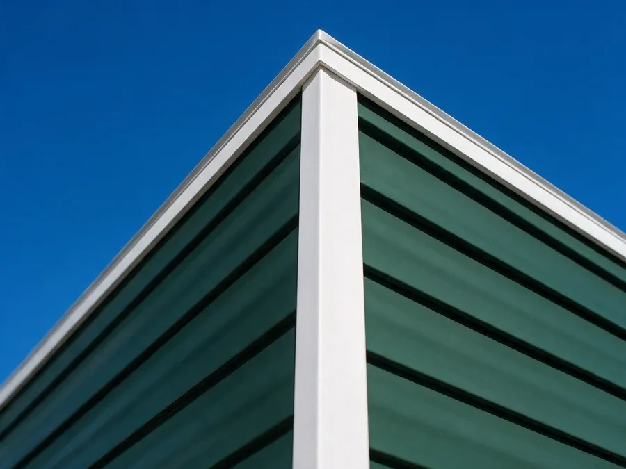 Dramatic upward view of a finished house corner with new dark green vinyl siding against a vivid blue sky.