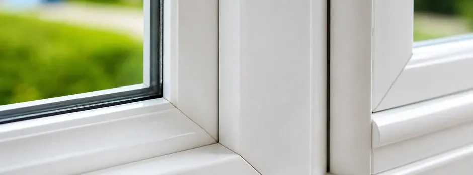 Close-up texture of a white window frame corner.