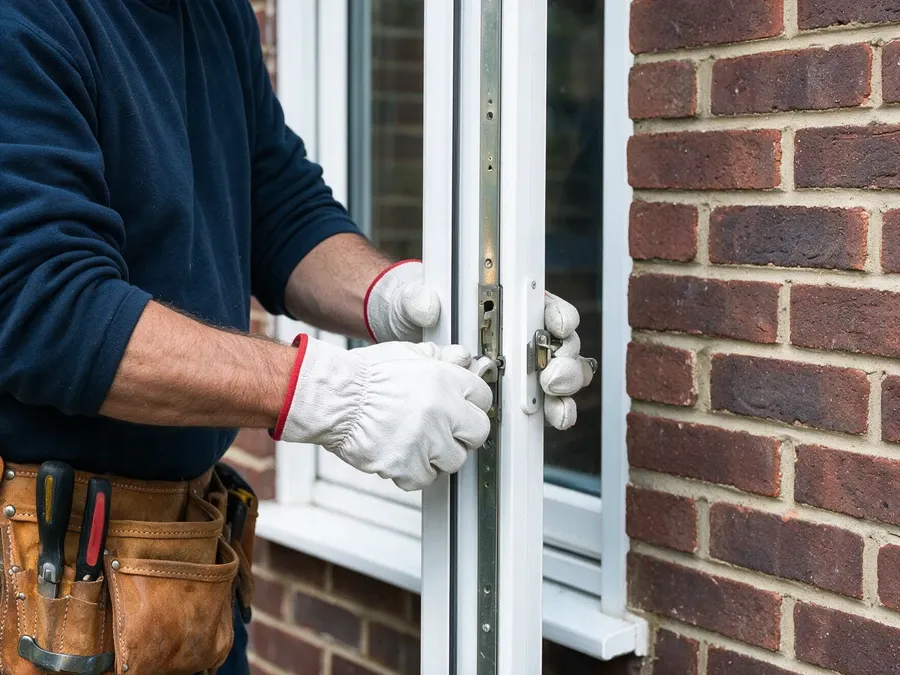 Contractor repairing window hardware from outside a house.