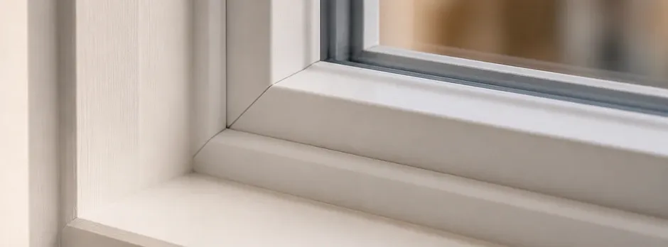 Close-up texture of a white window frame with clear glass.