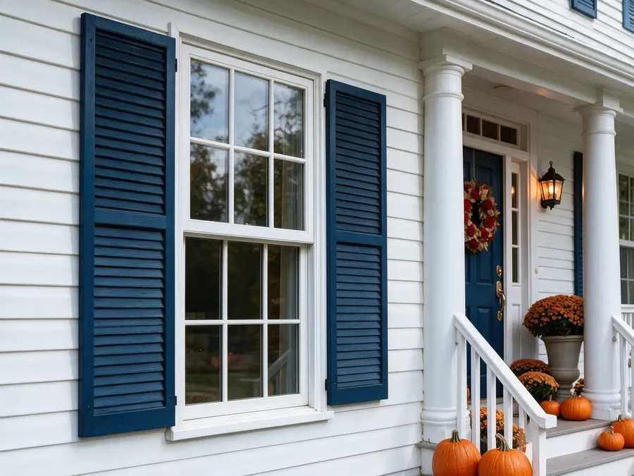 Finished clear window with blue shutters on an American home.
